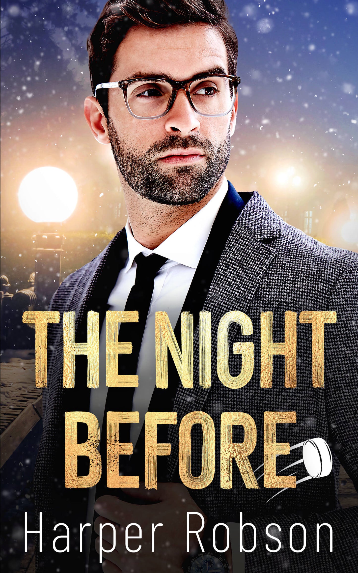 The Night Before original cover — man in glasses and tie, gold foil title, snowy night background